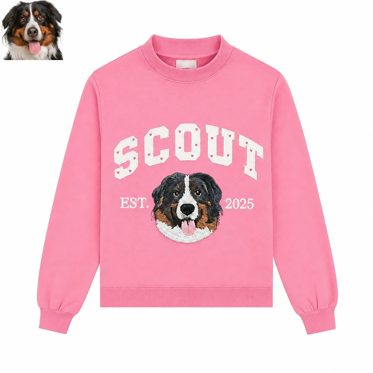Pink mockneck sweatshirt with SCOUT in white letters above an embroidered Bernese mountain dog, EST 2025, with the pet photo