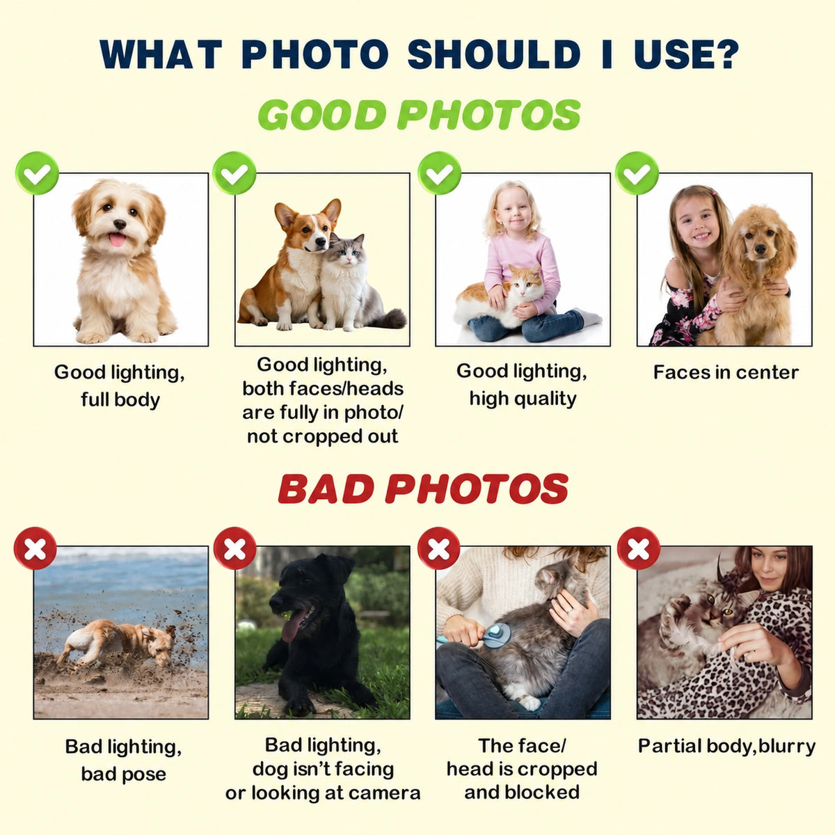 Photo guide showing good and bad pet photos for a custom embroidered portrait