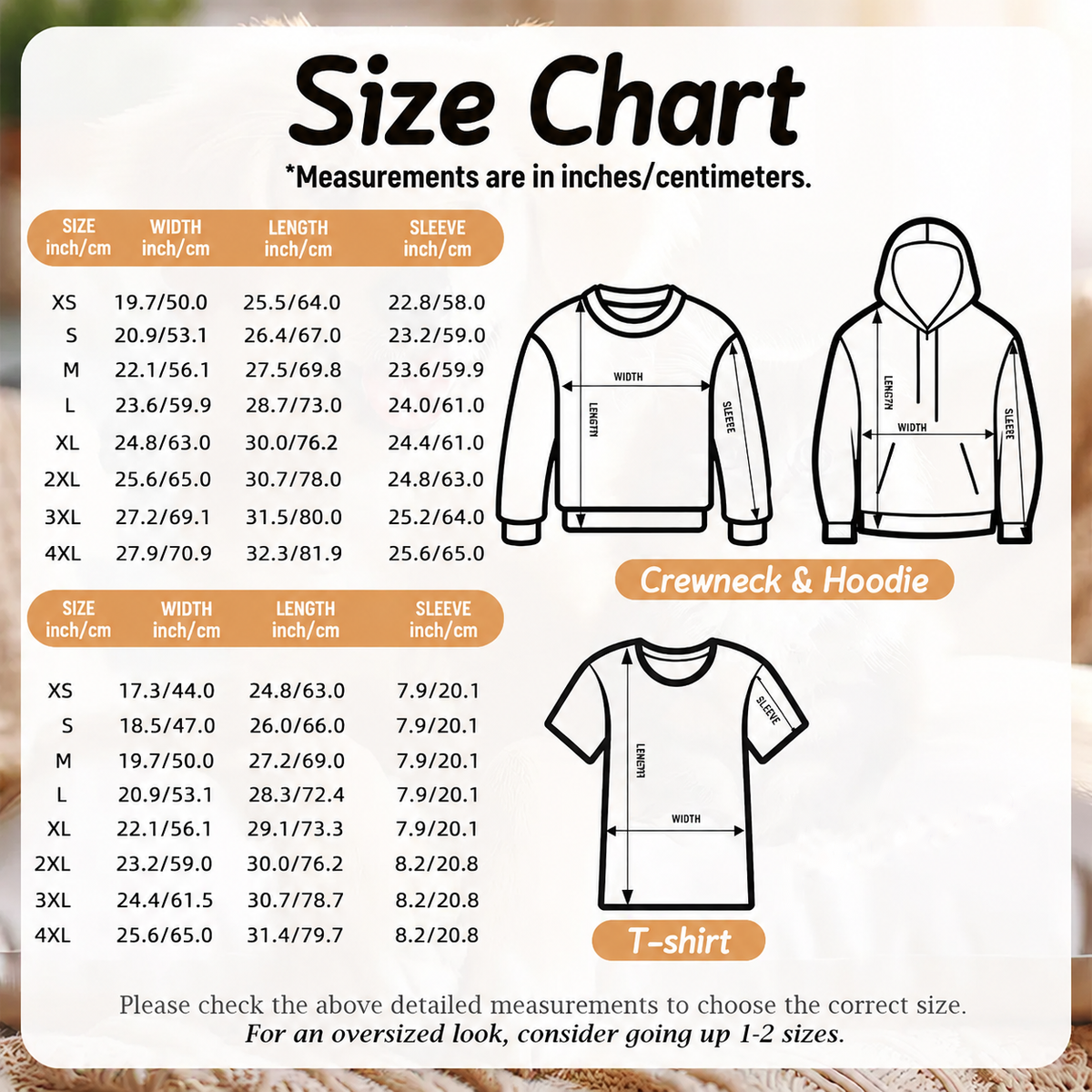 Size chart for the crewneck, hoodie and T-shirt in inches and centimeters