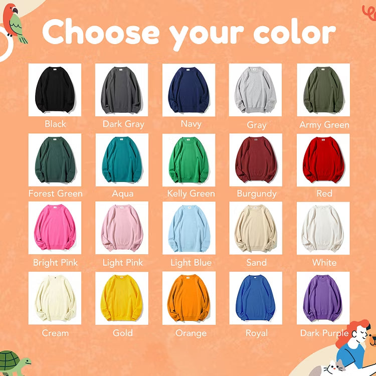 Garment color chart: 21 sweatshirt and hoodie colors