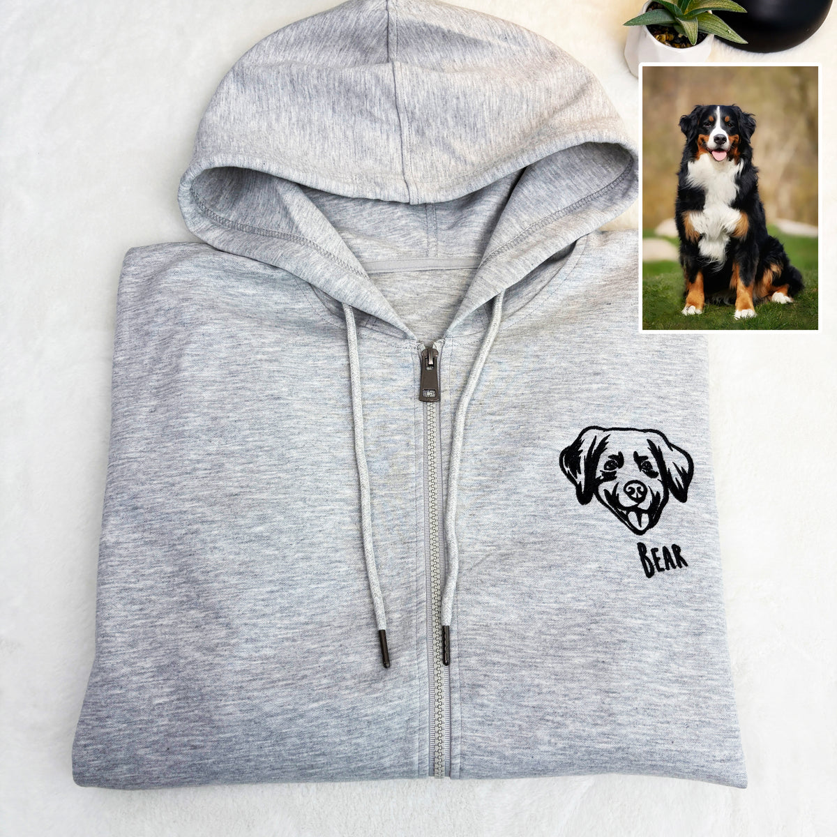 Folded gray zip hoodie with Bear dog portrait embroidery