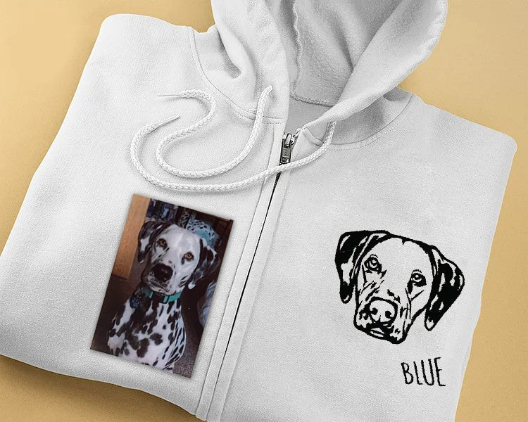 White zip hoodie with Blue dog portrait embroidery