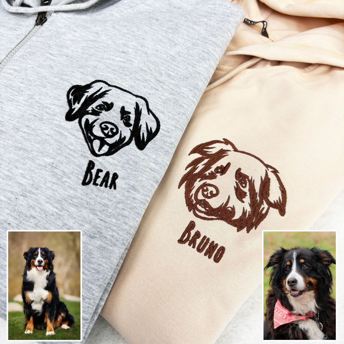 Bear and Bruno pet portrait embroidery close-up