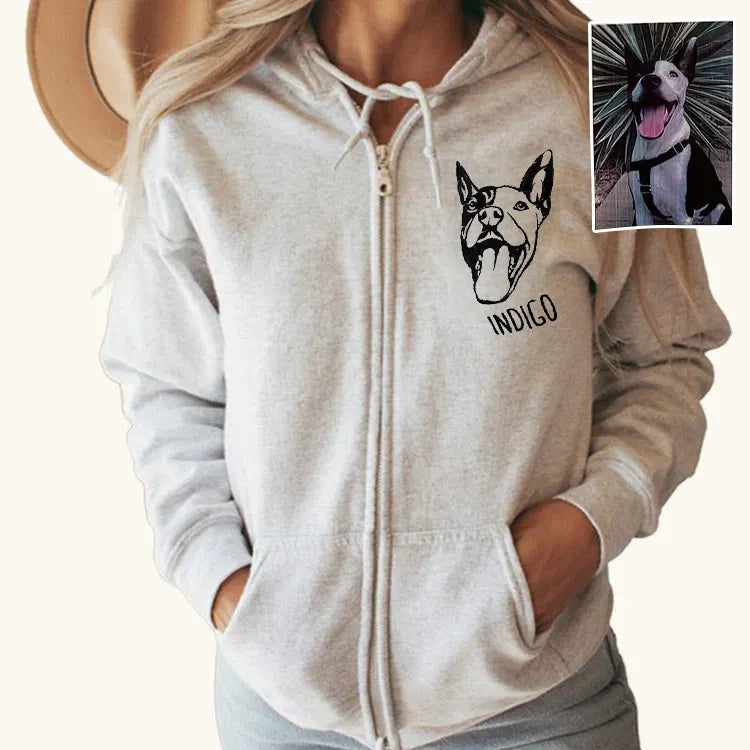 Light zip hoodie with Indigo dog portrait embroidery