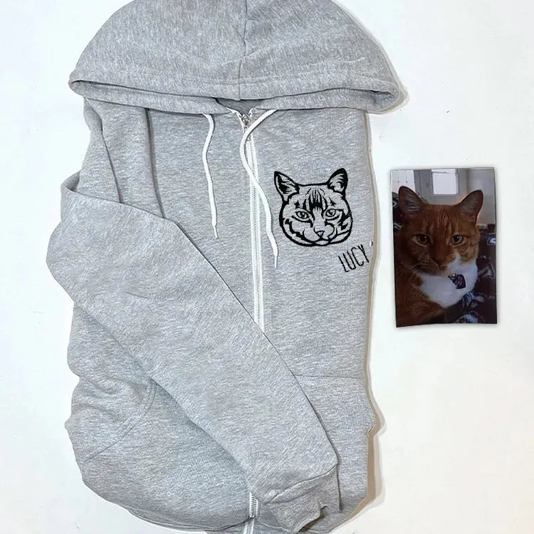 Gray zip hoodie with Lucy cat portrait embroidery