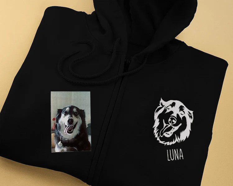 Black zip hoodie with Luna dog portrait embroidery