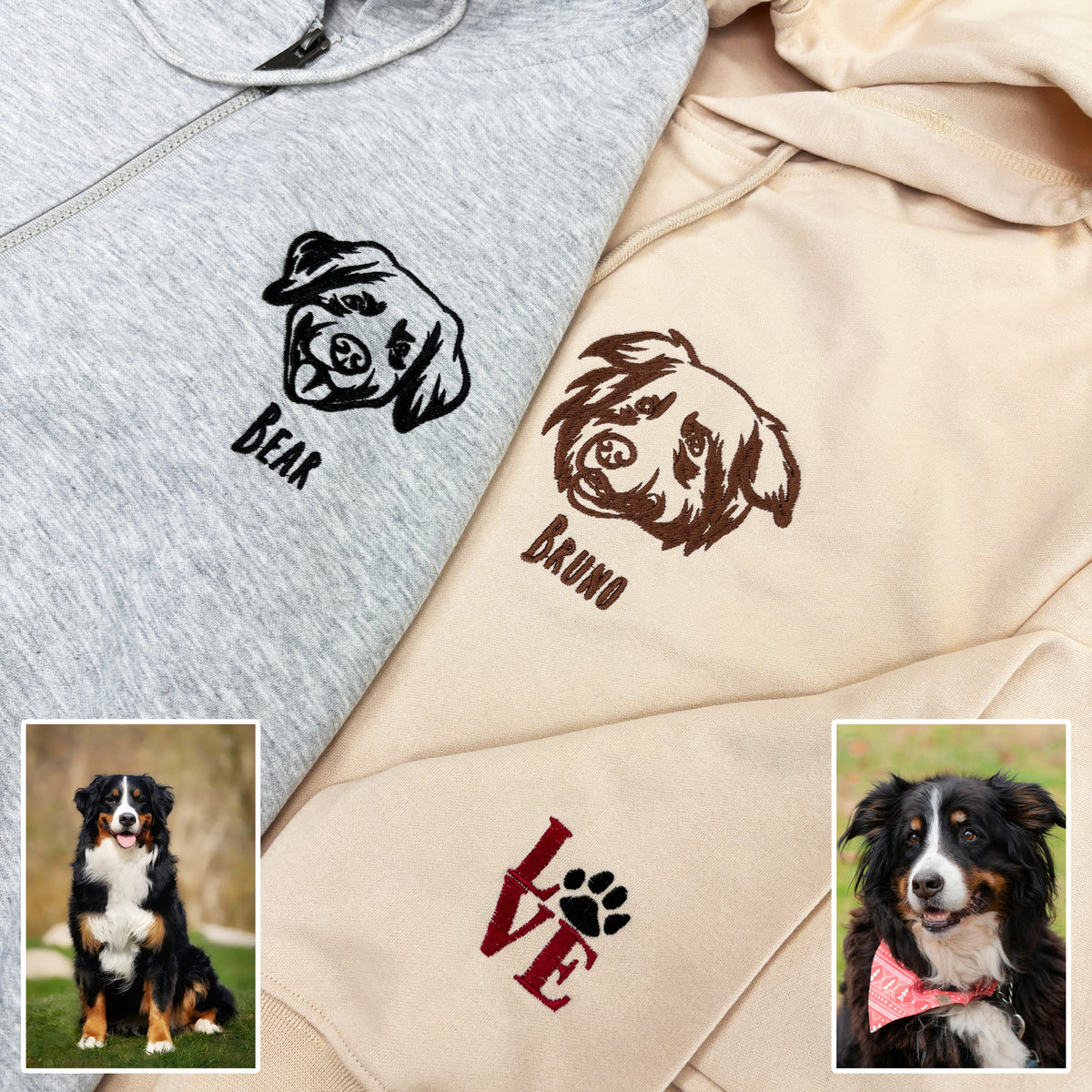 Gray and sand zip hoodies with personalized pet embroidery