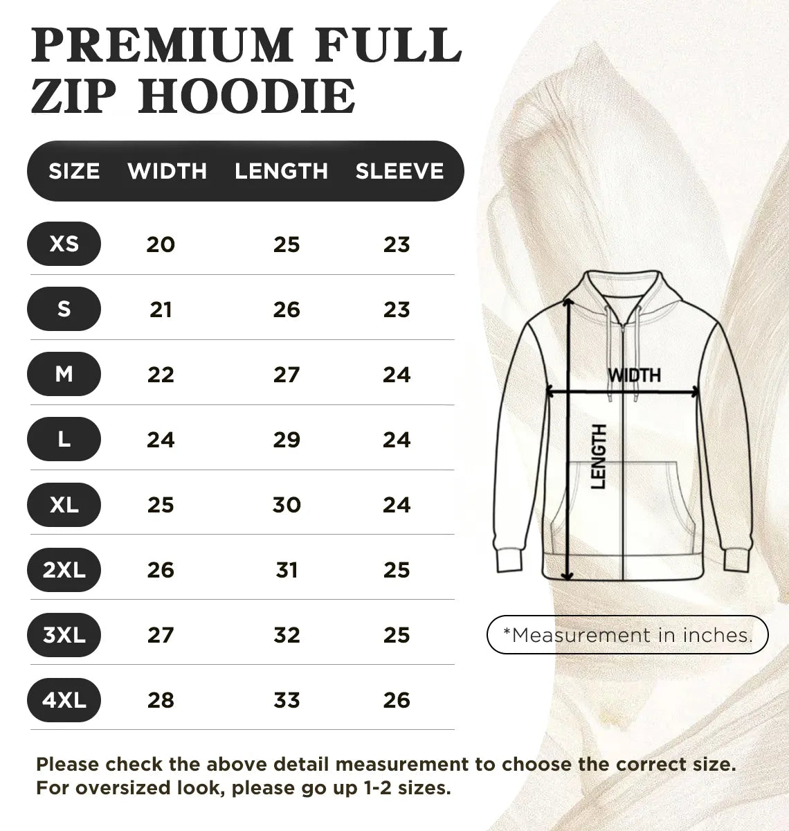 Full zip hoodie size chart in inches for XS through 4XL
