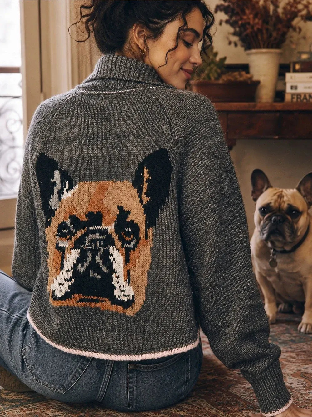 Woman sitting with her French bulldog, wearing a gray cardigan with the dog's portrait knitted on the back