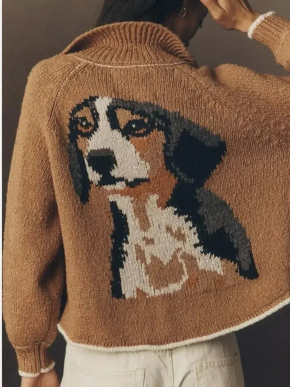 Tan cardigan with a knitted beagle portrait on the back