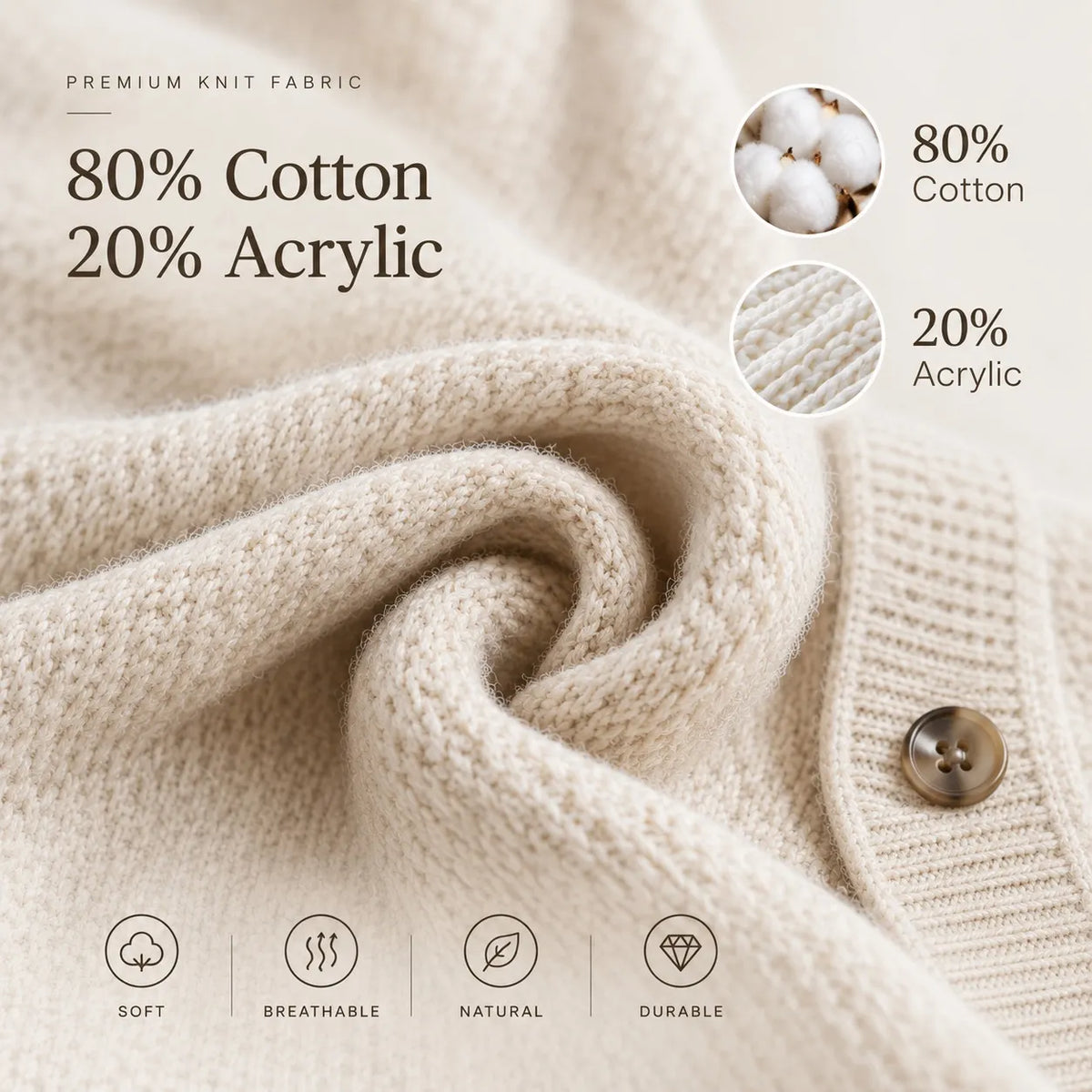 Close-up of the soft knit fabric: 80% cotton, 20% acrylic