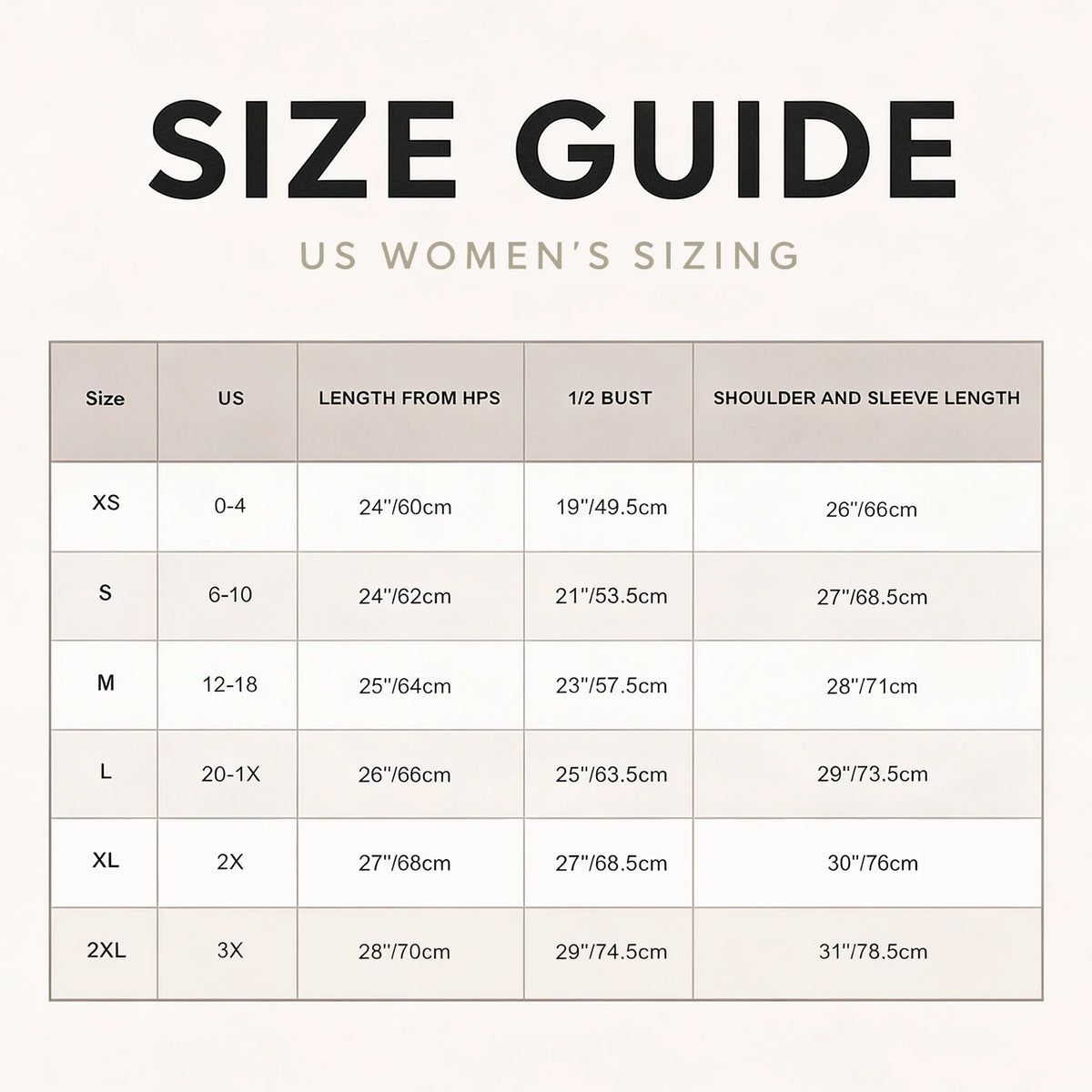 Size guide for the pet portrait cardigan in US women's sizes