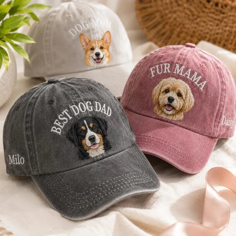 Charcoal washed BEST DOG DAD cap with an embroidered Bernese mountain dog and Milo on the side, beside pink FUR MAMA and beige DOG MOM caps