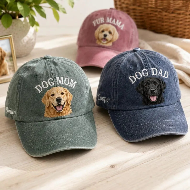Green DOG MOM cap with an embroidered golden retriever and navy DOG DAD cap with a black Labrador