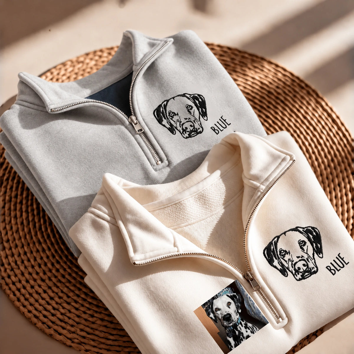 Gray and cream quarter zip sweatshirts with a line art Dalmatian portrait and the name BLUE