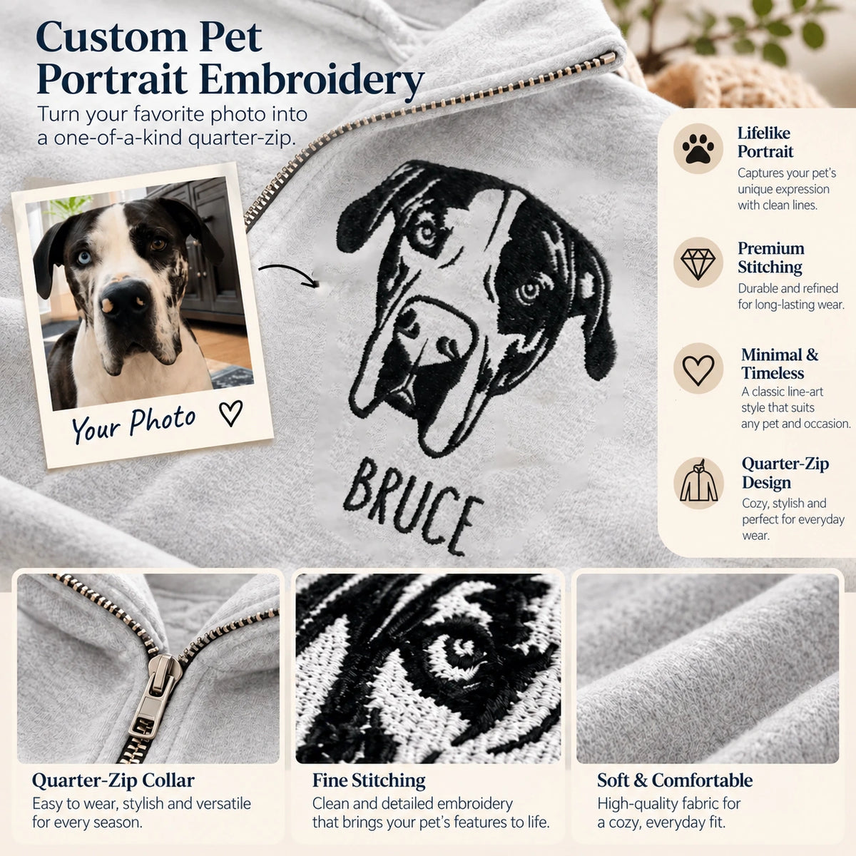 Close-up of the line art pet embroidery, quarter zip collar, fine stitching and soft fabric