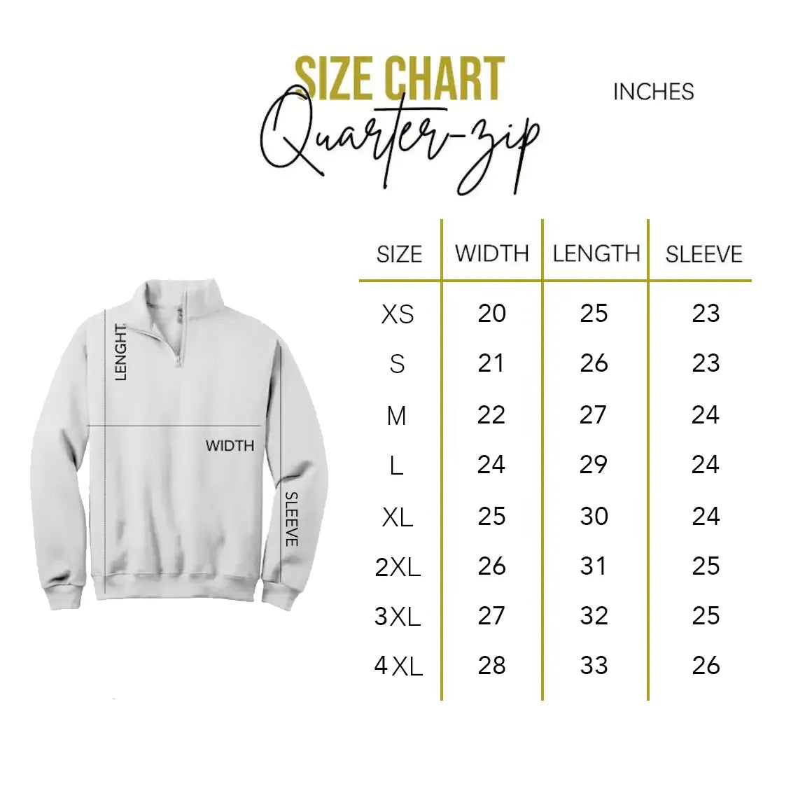 Quarter zip sweatshirt size chart in inches, XS to 4XL