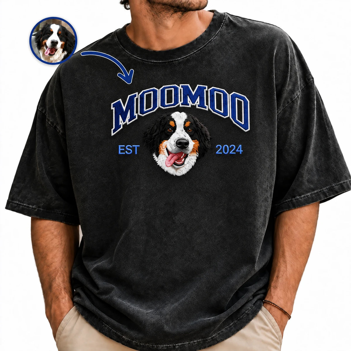 Man wearing a charcoal washed T-shirt with small blue MOOMOO lettering, an embroidered Bernese mountain dog portrait, EST 2024, and a small circular original dog photo inset