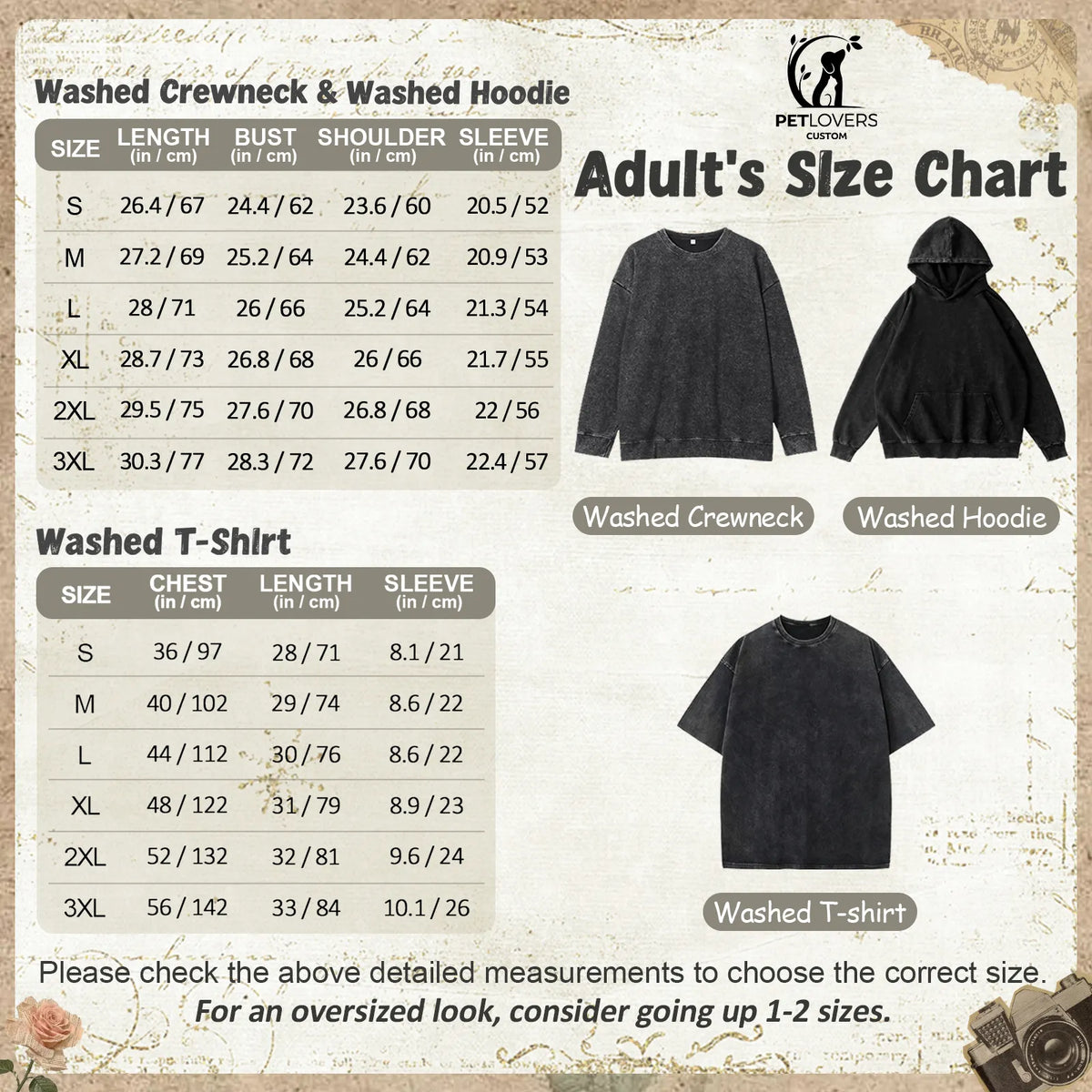 Size chart for washed tee, crewneck and hoodie