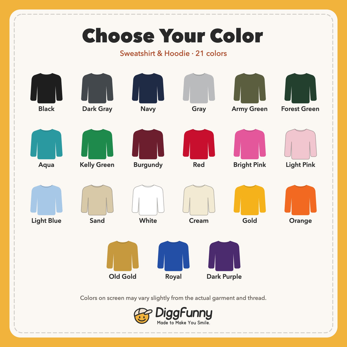 DiggFunny color chart: 21 sweatshirt and hoodie colors from Black to Dark Purple